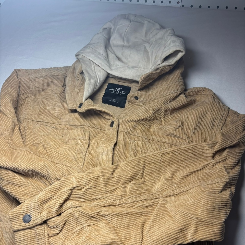 Hollister Jacket Mens XL Corduroy Hooded Brown Button Trucker Chore Long Sleeve